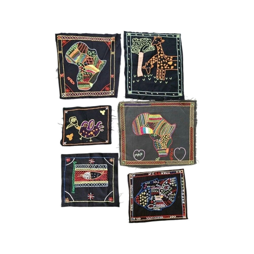 African Hand Embroidered Fabric Art Cotton Multi Colored Giraffe Bird Lot Of 6